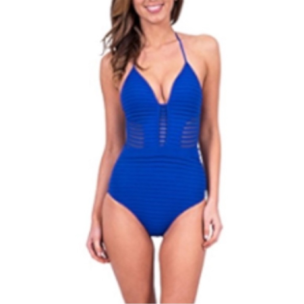 NWT Jets by Jessica Allen blue plunge 1 piece swimsuit, size US 6